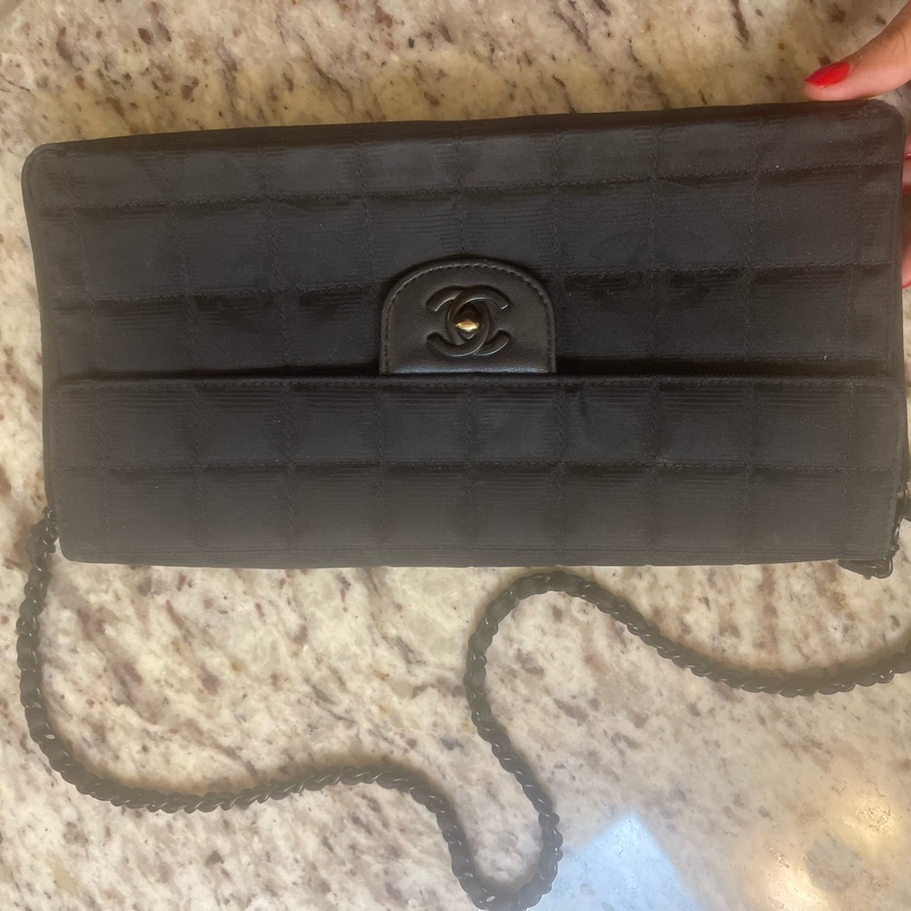 Pre-loved Chanel Black East West Travel Canvas Chain Shoulder Bag